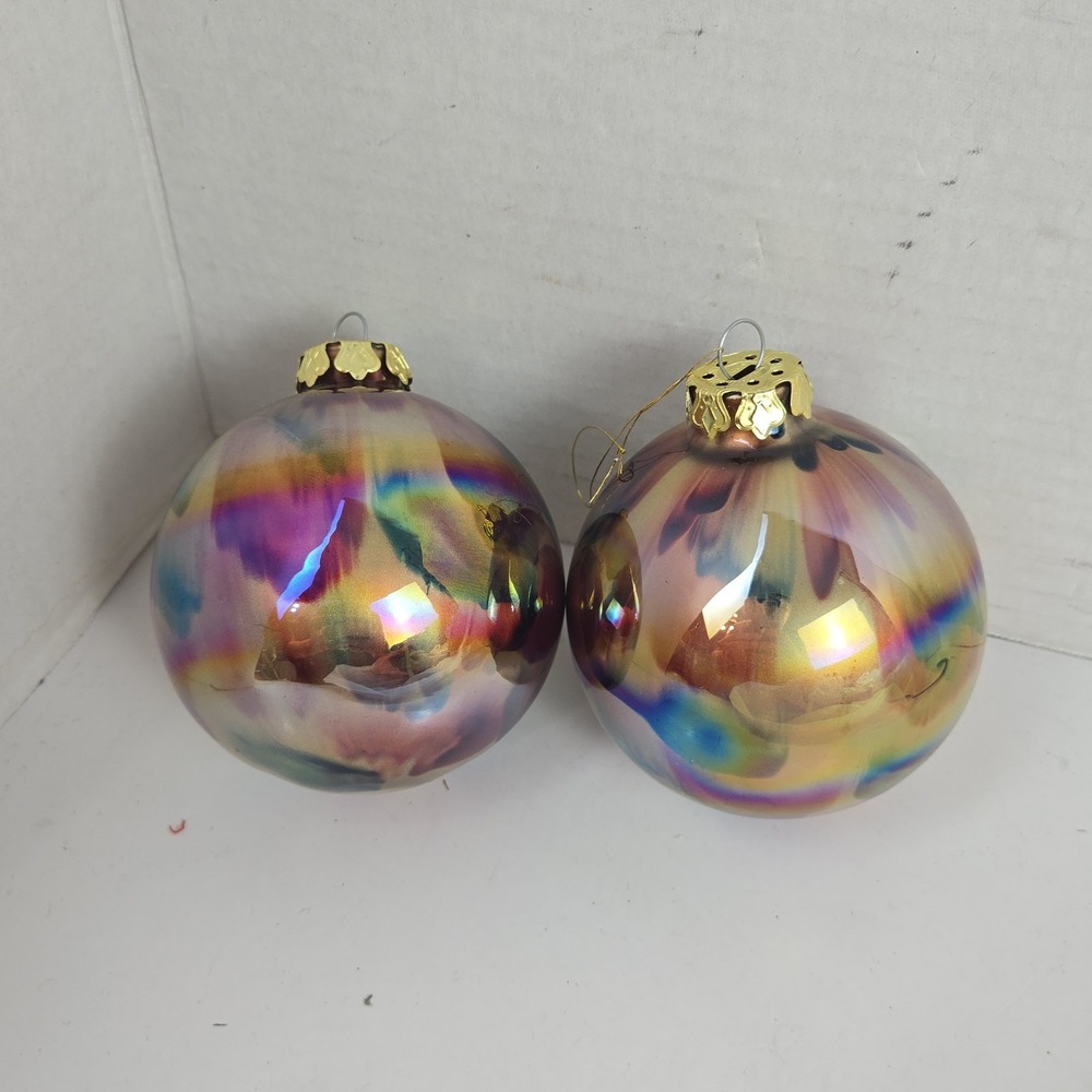 2 Vtg 3" Blown Glass Christmas Ornaments Gold Green Red Reverse Painted Taiwan